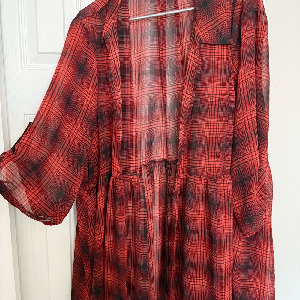 Torrid Sheer Red Plaid High-Low Top
